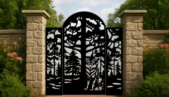 thumb 3 Parça Orman ve Kurt Desenli Lazer Kesim Bahçe Kapısı