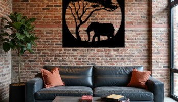 thumb Ağaç Altında Fil Lazer Kesim Metal Tablo