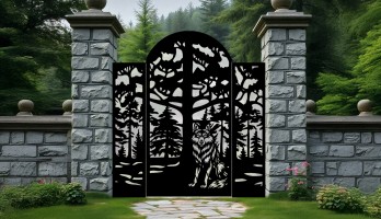 thumb 3 Parça Orman ve Kurt Desenli Lazer Kesim Bahçe Kapısı