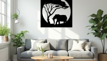 thumb Ağaç Altında Fil Lazer Kesim Metal Tablo