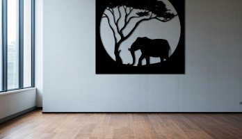 thumb Ağaç Altında Fil Lazer Kesim Metal Tablo