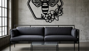 Altıgen içi Arı ve Çiçekler Lazer Kesim Metal Tablo