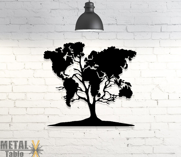 Ağaç Desenli Dünya Haritası Lazer Kesim Metal Dekor