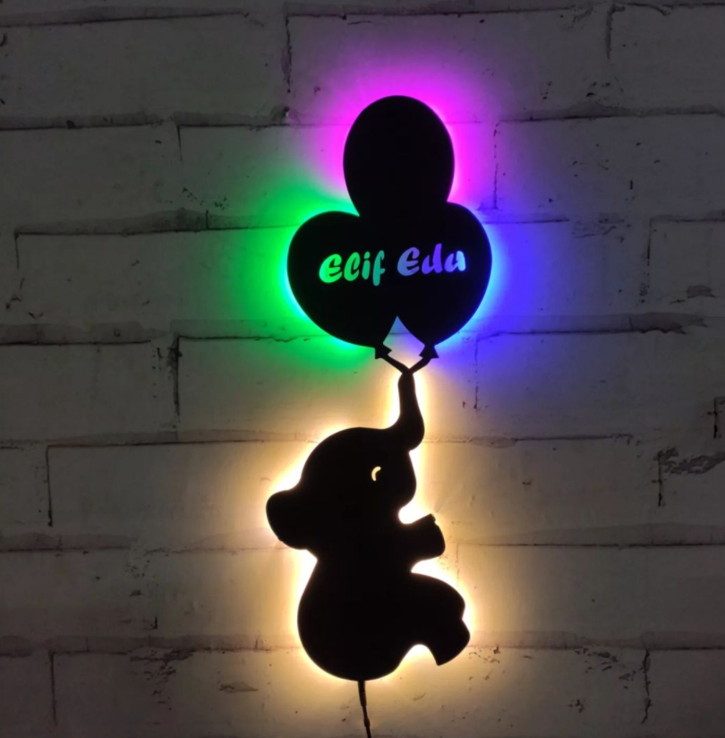 Renkli Ledli Çocuk Odası İçin Balonlu Fil Metal Tablo