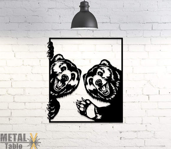 İki Mutlu Ayı Lazer Kesim Metal Tablo