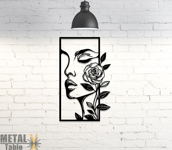Kadın Yüzü ve Gül Lazer Kesim Metal Tablo