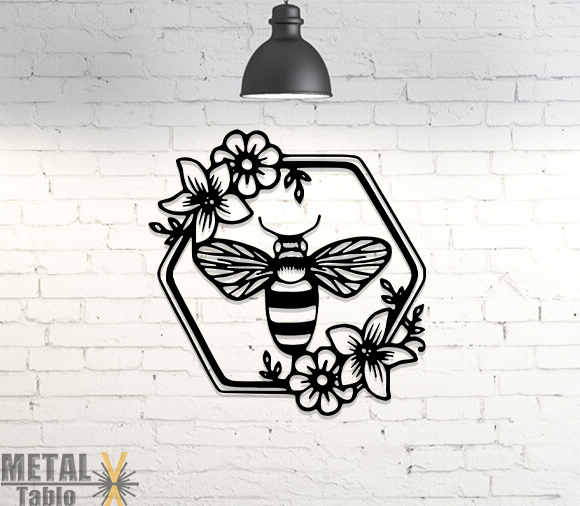 Altıgen içi Arı ve Çiçekler Lazer Kesim Metal Tablo
