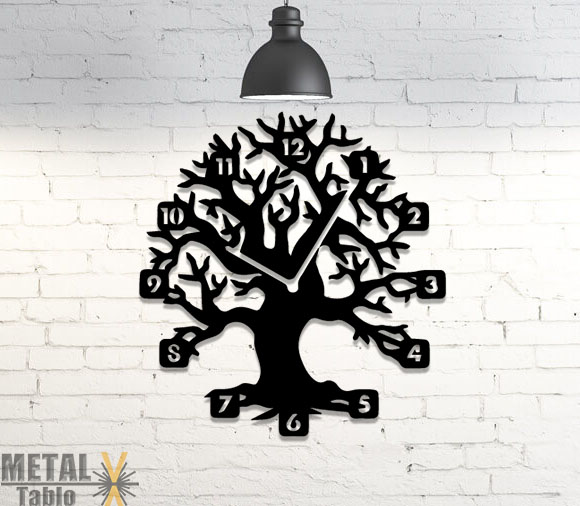 Ağaç Desenli Metal Lazer Kesim Duvar Saati